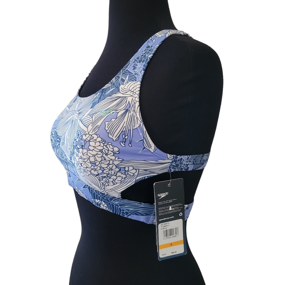 NWT Speedo Floral Bikini Top Small Blue White Sport Swim Top Removable Pads - Picture 5 of 7